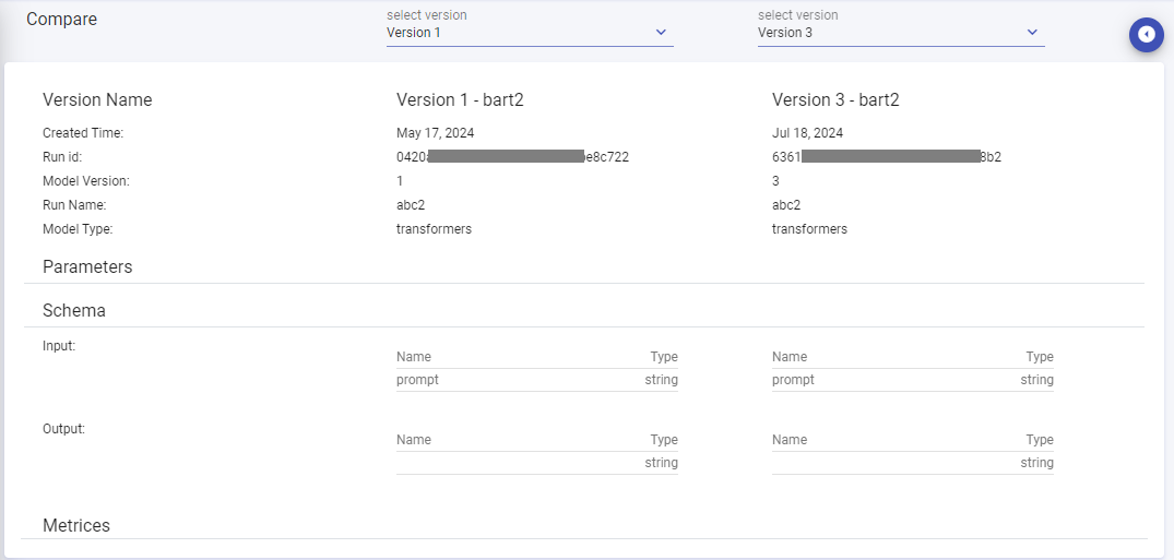 MLflow compare version Details
