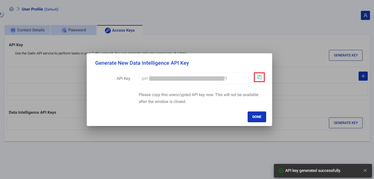 Data Warehouse Intelligence API Keys - Generated