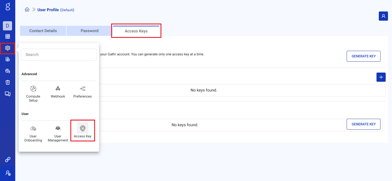 Data Warehouse Intelligence API Keys - Settings